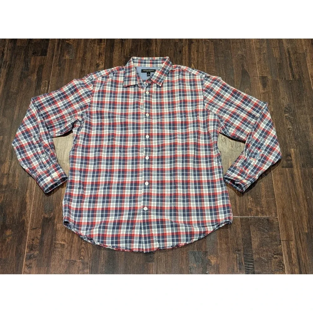 Banana Republic Shirt Mens Large Red Blue Plaid Long Sleeve‎ Button Down Casual